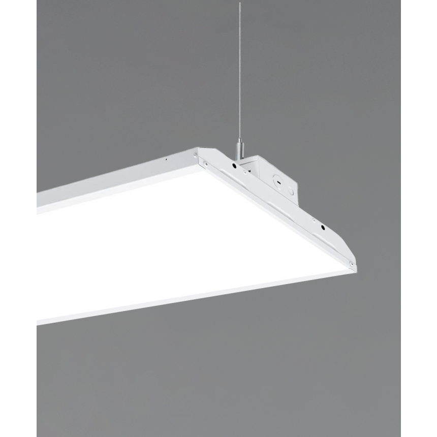 Alcon 14141, suspended commercial pendant light shown in silver finish and with a flush trim-less lens.