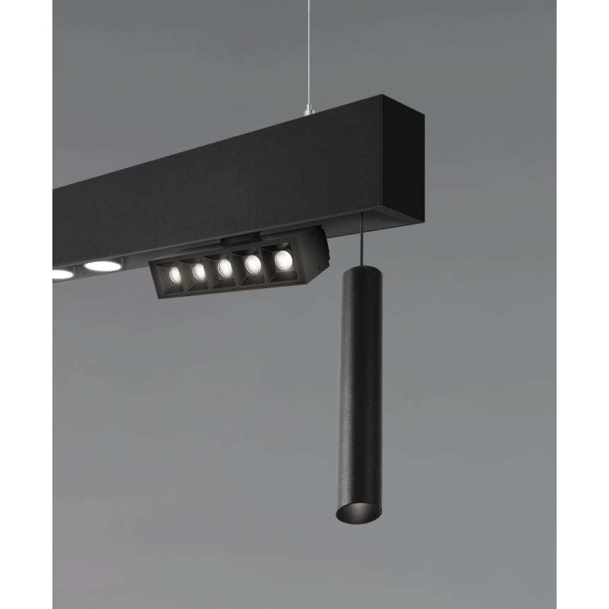 Closeup of 15100-P modular suspended light system with cylinder pendant, 5-cell multi-cell and dual-head downlight components