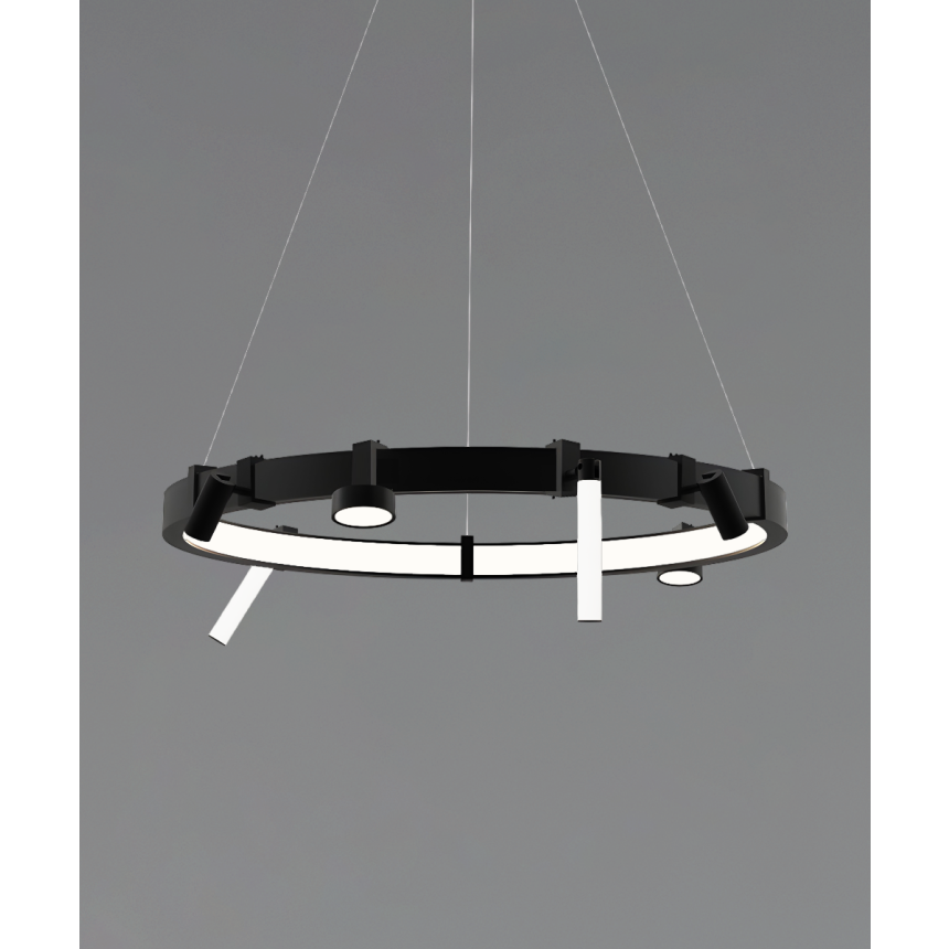 15115 modular pendant light shown in a black finish and with a flush trimless inner lens and downlight, spotlight and glowbar attachments