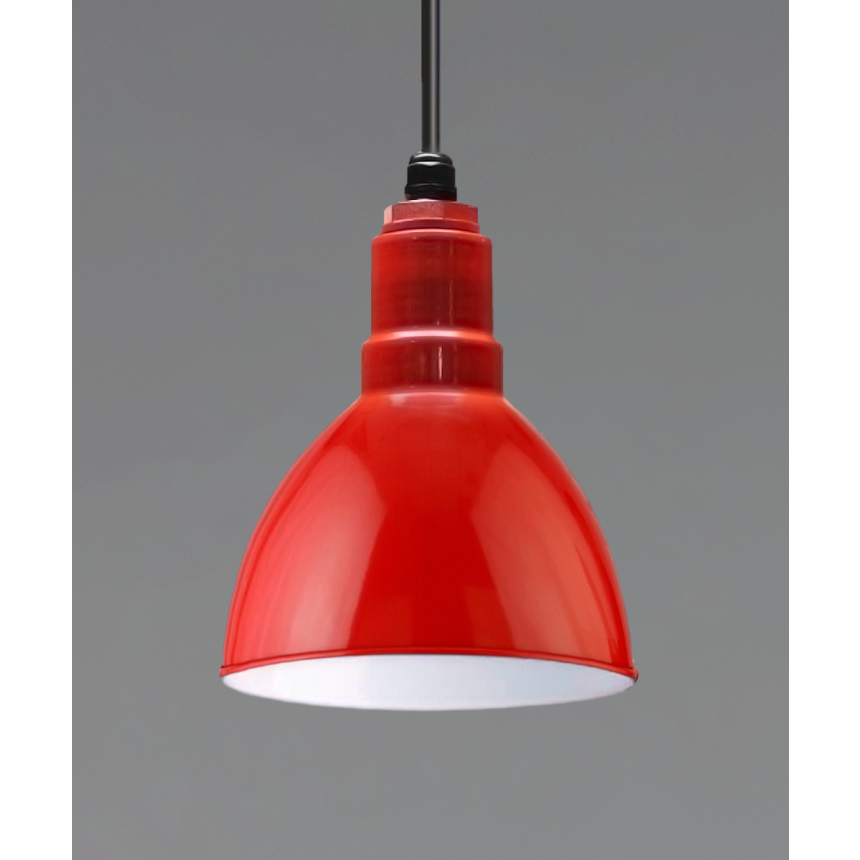 Product rendering of the 15201 industrial dome light pictured with a red exterior finish, white interior finish and black suspension cable