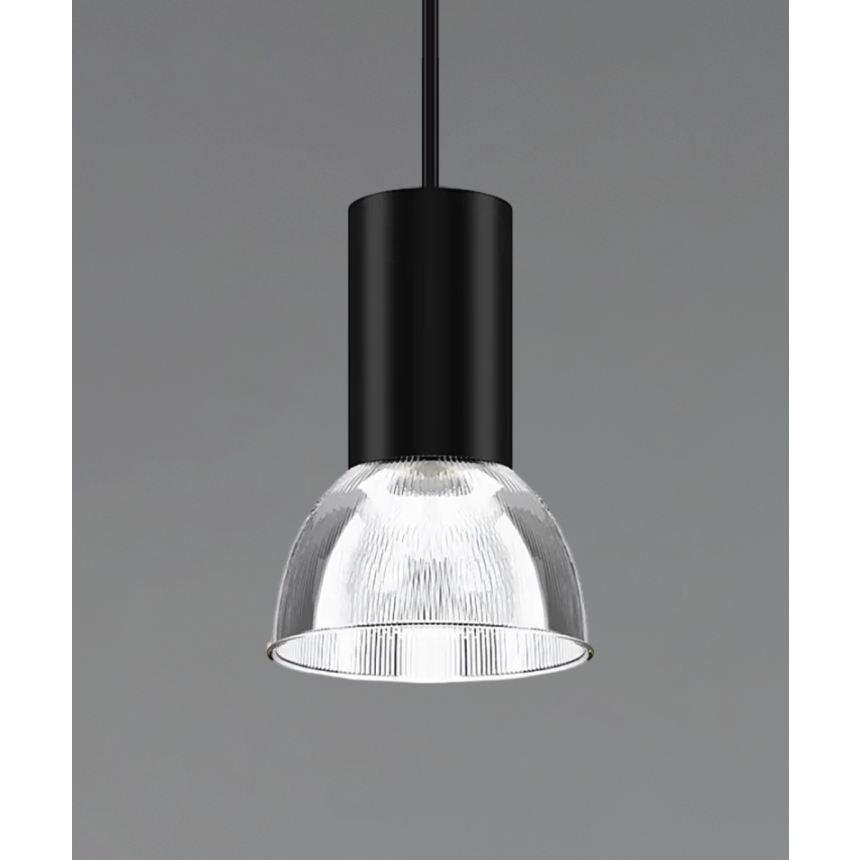 Product rendering of the 15204-12 dome pendant light, shown with a polycarbonate reflector and black stem housing