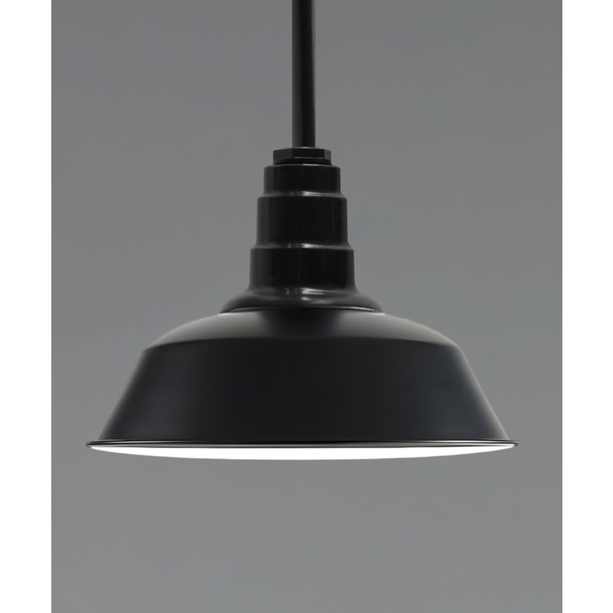 Alcon 15207, suspended commercial pendant light shown in black finish and with a tapered dome shaped open-lens housing.