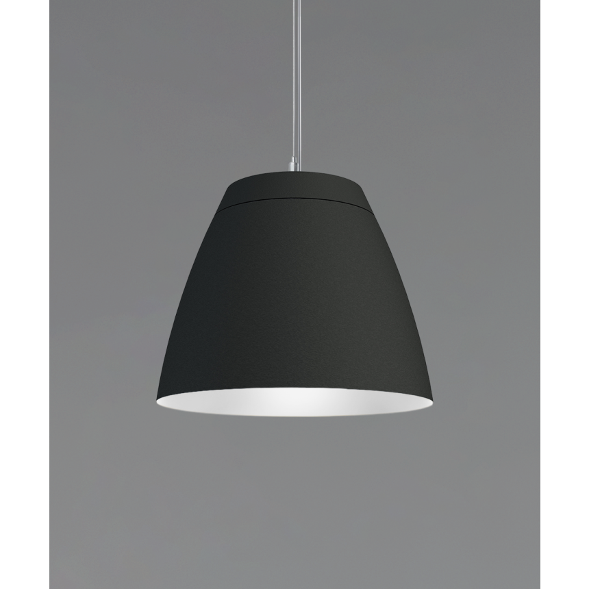 Alcon 15230, suspended commercial pendant light shown in black finish and with a cut-top open dome housing with gold interior.