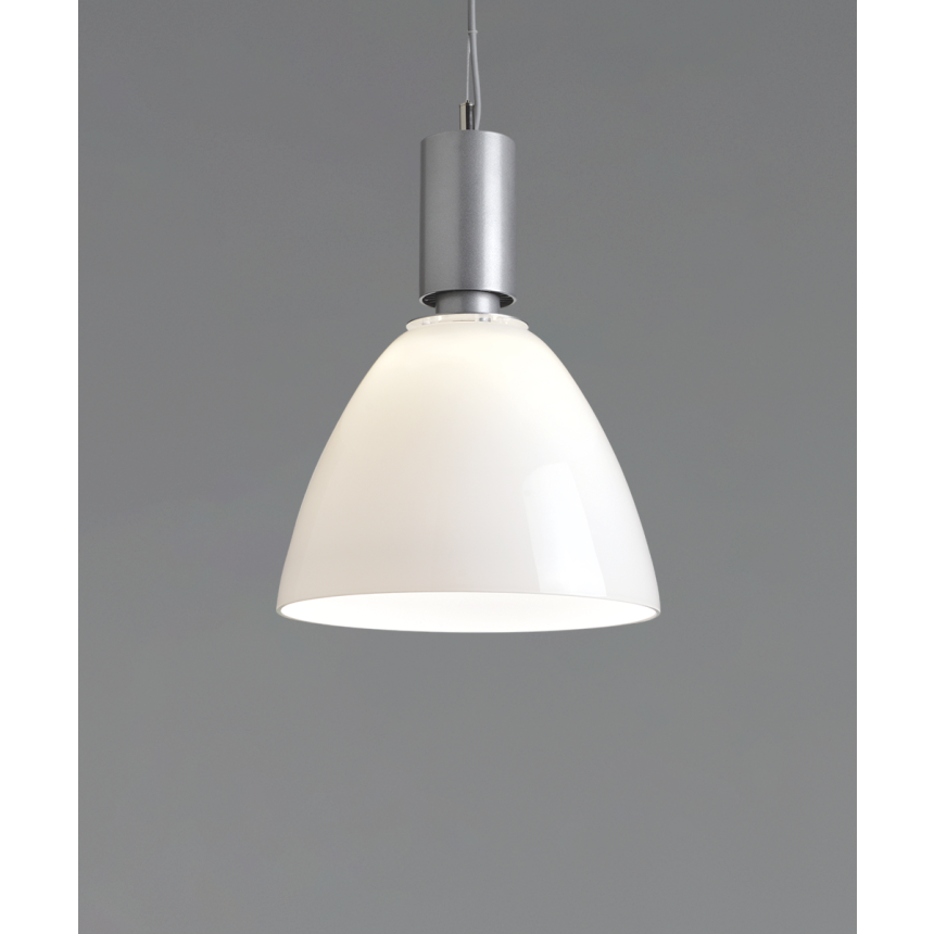 Alcon 15235, suspended commercial pendant light shown in silver finish and with an open bowl-shaped white acrylic lens.