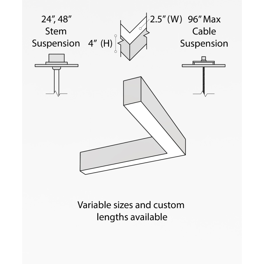 12100-20-P-L L-shaped LED linear pendant light shown in black finish, 2-inch flush lens and aircraft cable suspension