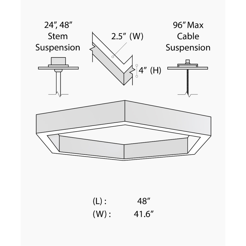 12100-20-P-HEX 4-foot hexagon LED pendant shown in black finish with a flush trimless lens.