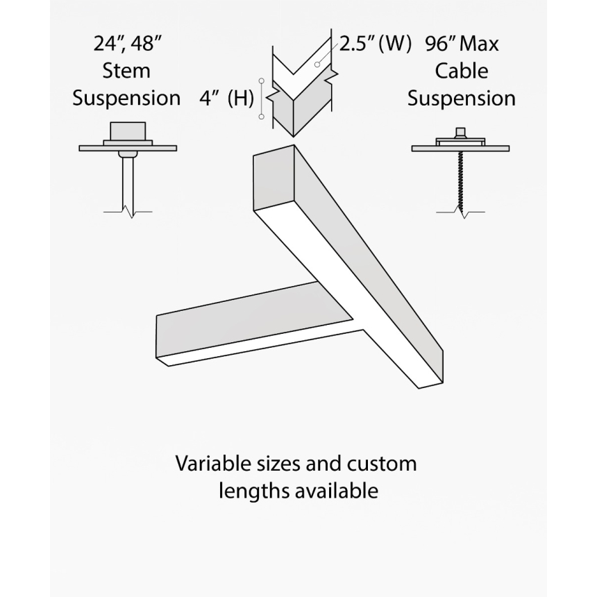 12100-20-P-T T-shaped LED linear pendant light shown in black finish, 2-inch flush lens and aircraft cable suspension