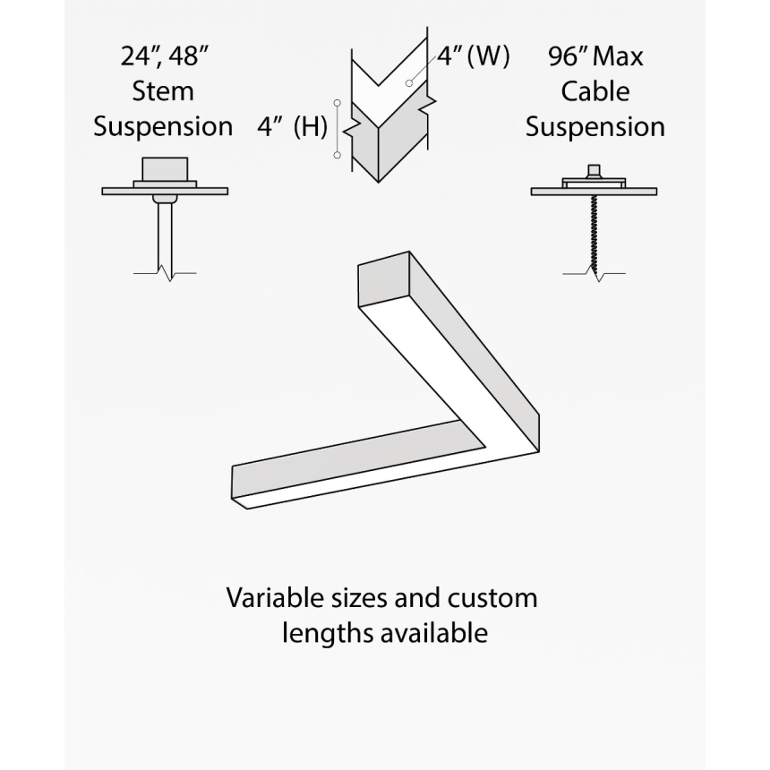 12100-40-P-L L-shaped LED linear pendant light shown in black finish, 4-inch flush lens and aircraft cable suspension