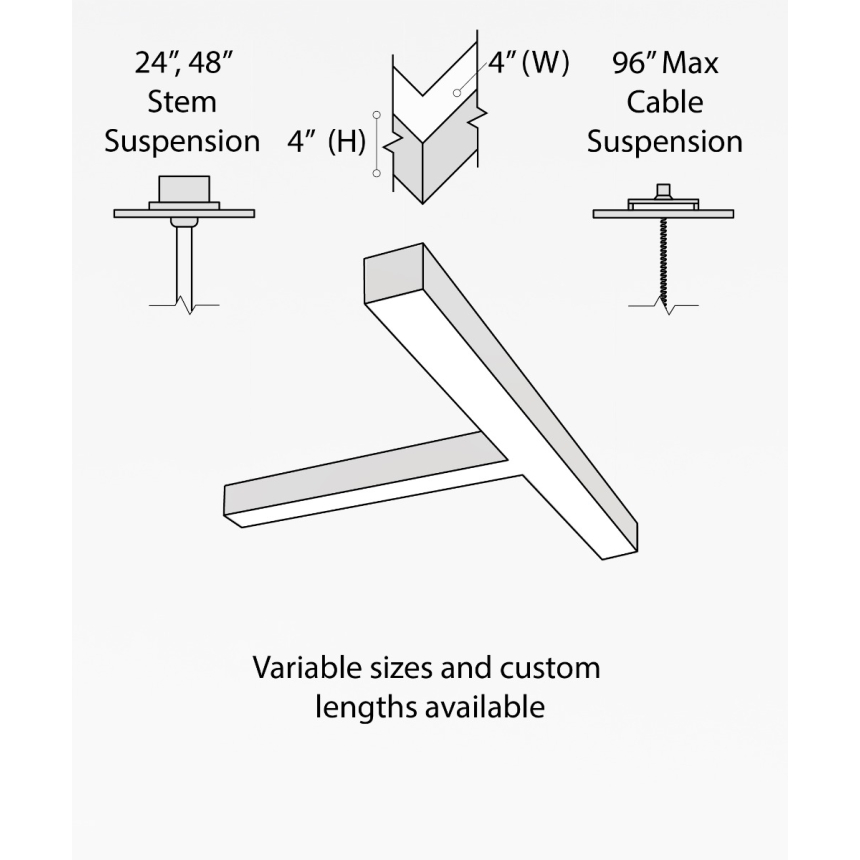 12100-40-P-T T-shaped LED linear pendant light shown in black finish, 4-inch flush lens and aircraft cable suspension