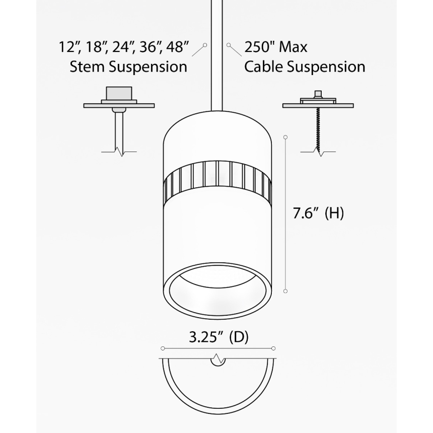 Alcon 12301-4-P, suspended commercial cylindrical pendant light shown with white fins and white housing finish.