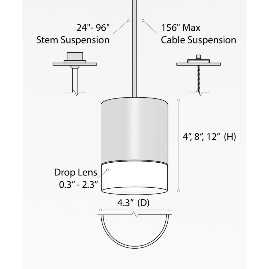 Alcon 12302-P-DL, suspended commercial dropped-lens cylindrical pendant light shown in black finish.