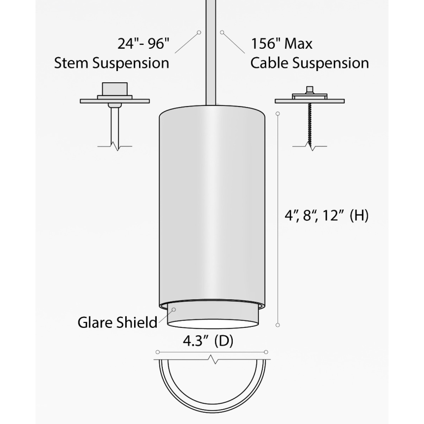 Alcon 12302-P-TGS, suspended commercial anti-glare shade cylindrical pendant light shown in black finish.