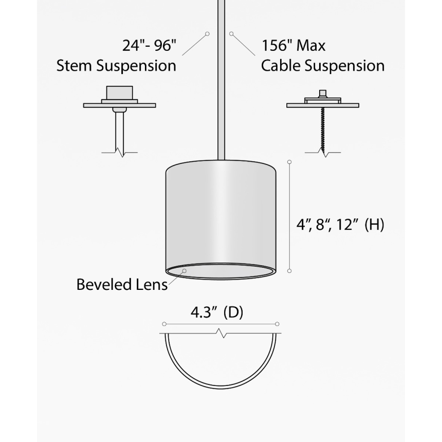 Alcon 12302-P, suspended commercial beveled-lens cylindrical pendant light shown in black finish.