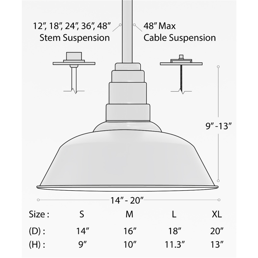 Alcon 15207, suspended commercial pendant light shown in black finish and with a tapered dome shaped open-lens housing.