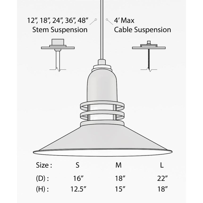 Alcon 15208-P, suspended commercial pendant light shown in black finish and with a flush trim-less lens.