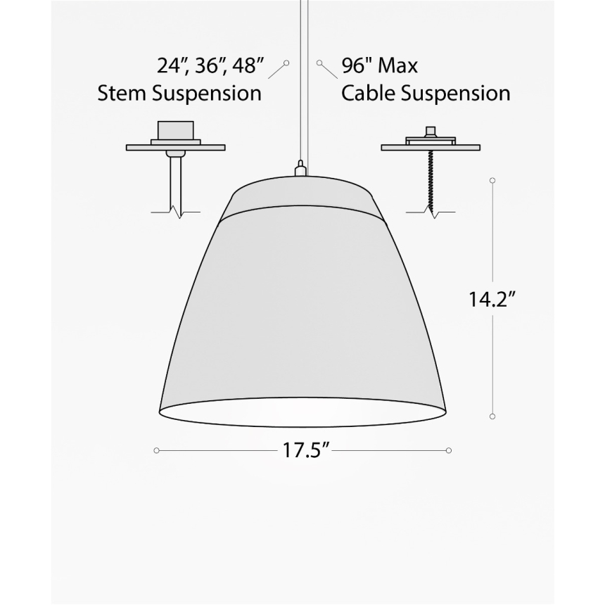 Alcon 15230, suspended commercial pendant light shown in black finish and with a cut-top open dome housing with gold interior.