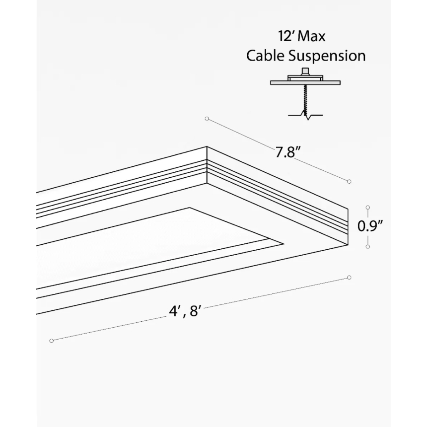 12112 suspended LED linear light shown in white finish with Y-cable suspension and lasered-glass, glare-resistant lens.