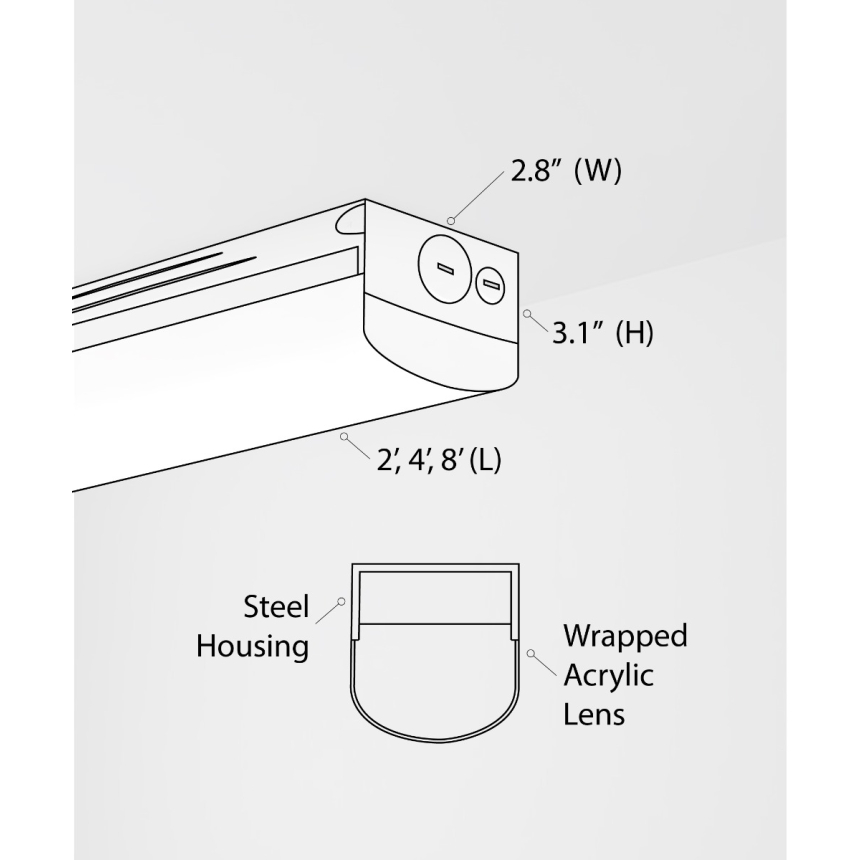 Alcon 11163-S, surface linear ceiling light shown in silver finish and with a wrapping ribbed lens.