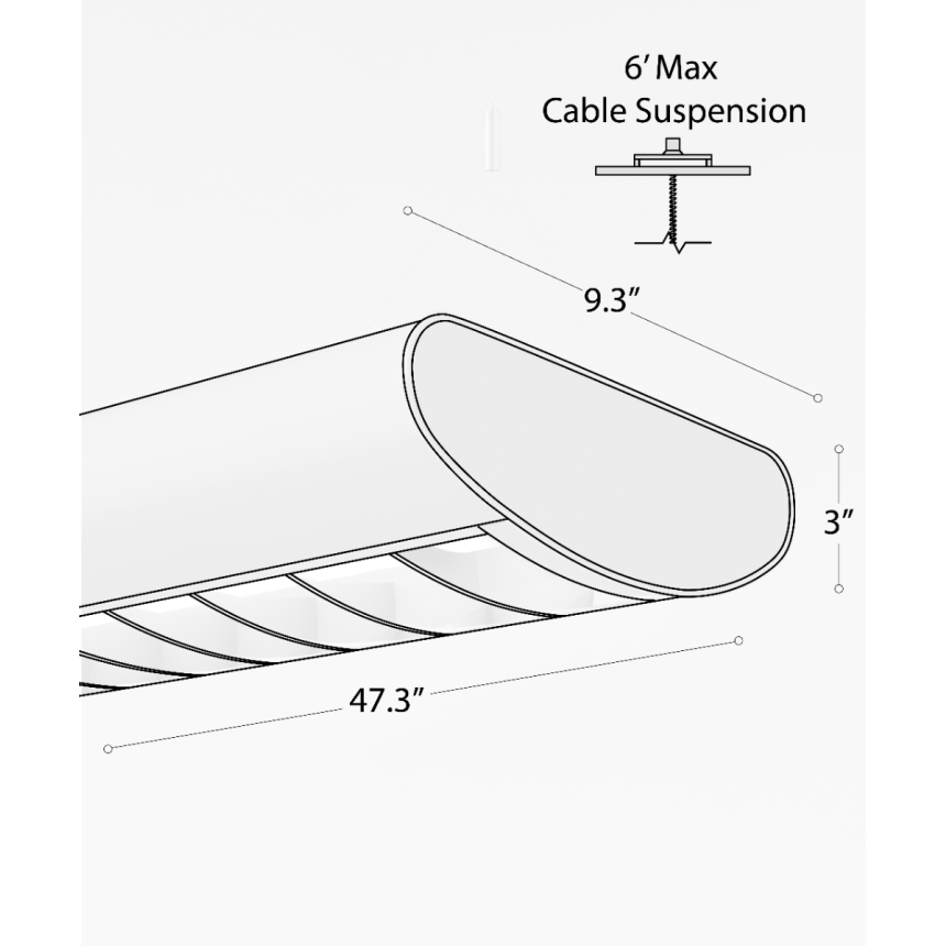 12031 half-oval parabolic louver lens LED linear suspension light shown in steel finish with central curved louver lens