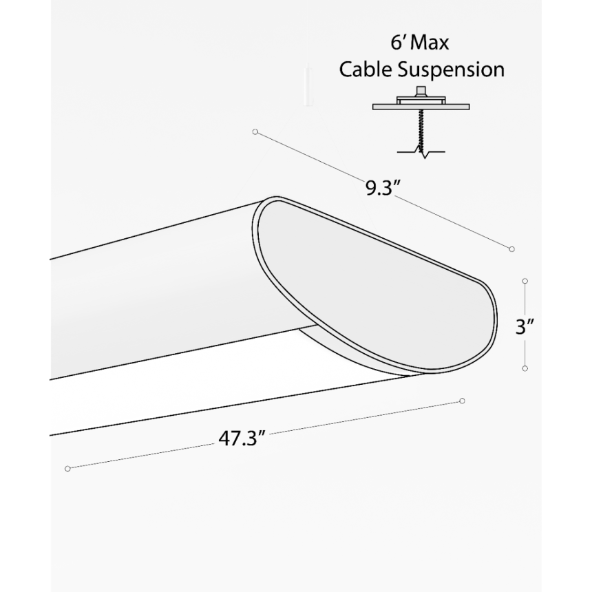 12032 half-oval LED linear light shown in steel finish with central, curved frosted lens and aircraft cable suspension