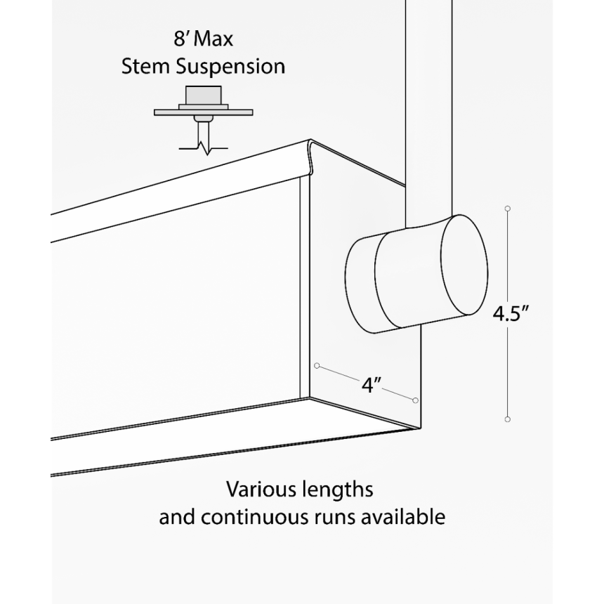 12100-41-P linear suspension light shown in a white finish and with wrapped flush uplight lens and flush downlight lens