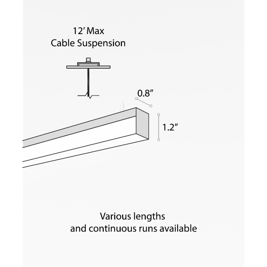 12100-8-P slim LED linear pendant light shown in black finish with a 1" side-wrapping lens and aircraft cable suspension