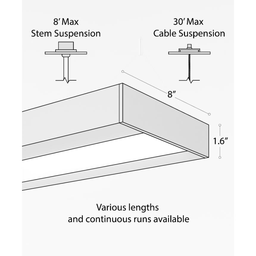 12113-P linear LED light shown in a satin black finish with an inset, central flushed lens and Y-cable suspension