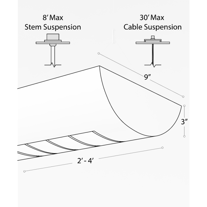 12125-PL parabolic half-moon liner suspension light shown in white finish with single-row centered louver