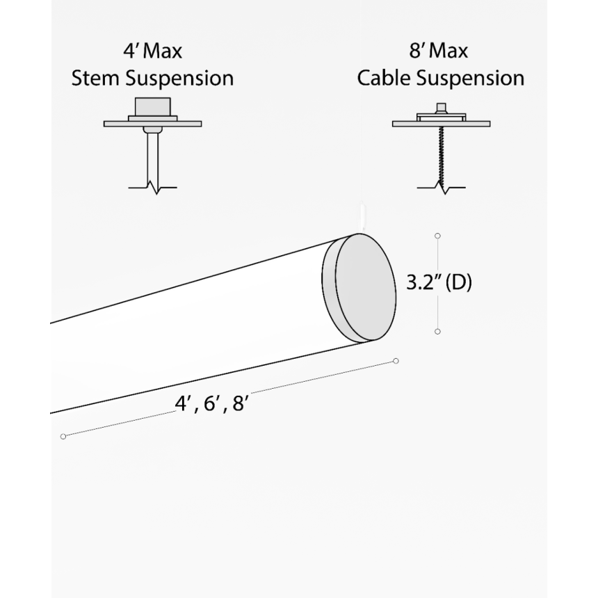 12143-HR horizontal tube pendant shown in a black finish and with 3-inch frosted tube lens and aircraft cable suspension