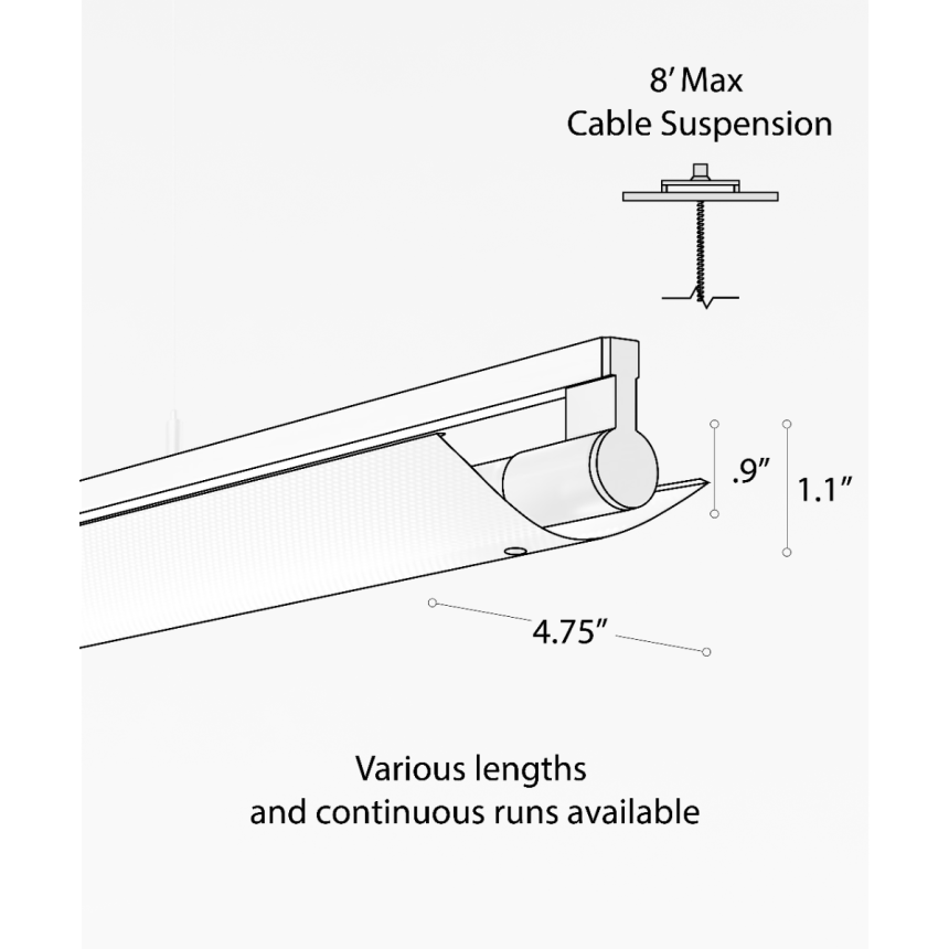 12160-P-PDI suspended linear light shown in silver finish and with a wide curved perforated direct/indirect lens