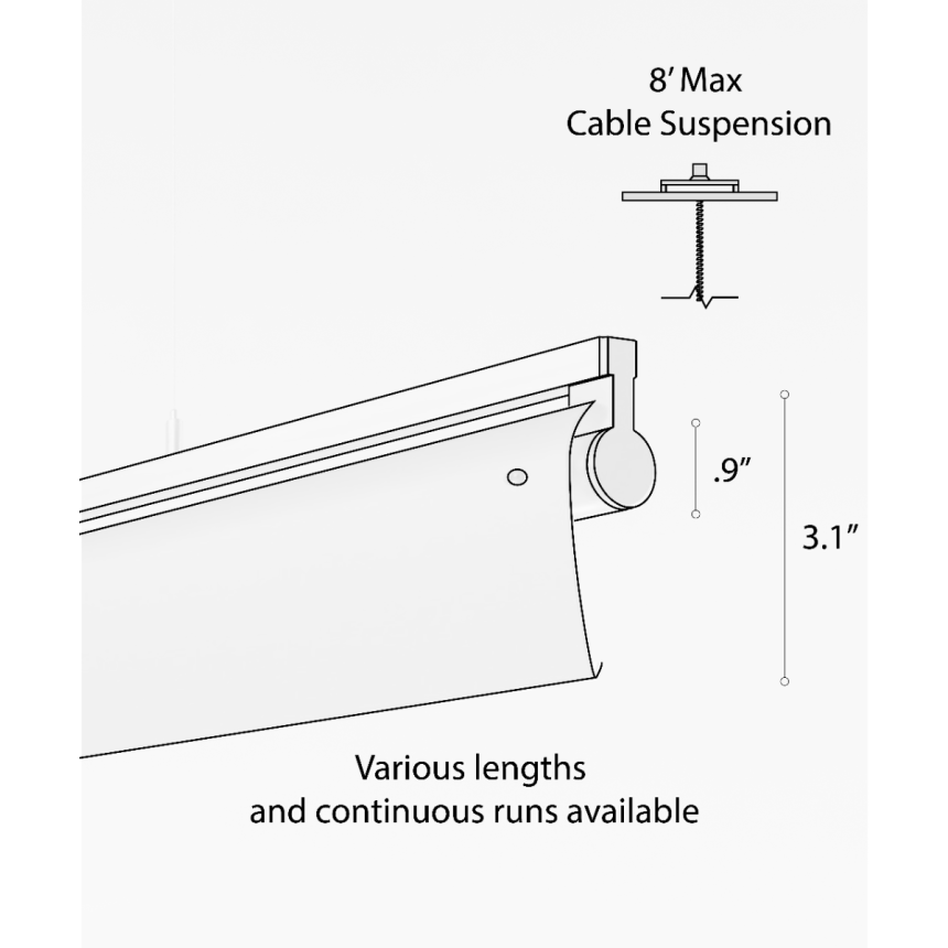 12160-P-WW suspended linear pendant light shown in silver finish with a rotating wall wash lens and aircraft cable suspension