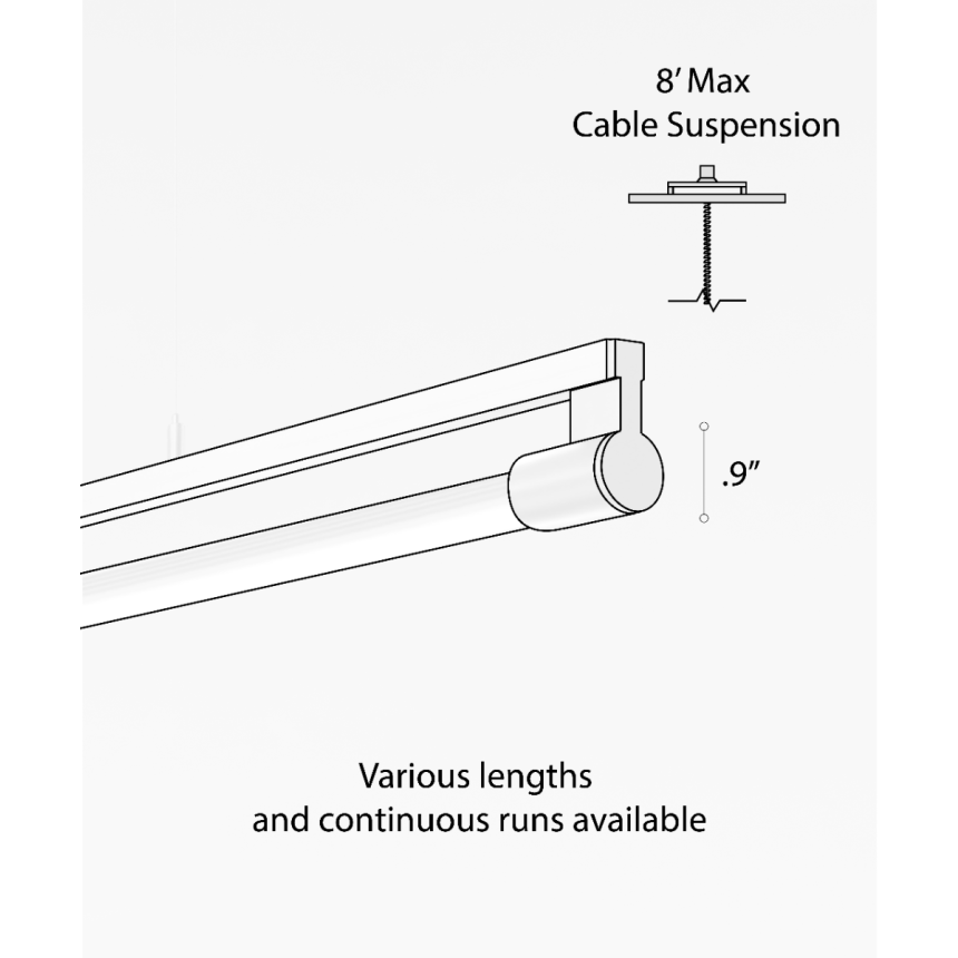 12160-P slim LED suspended linear light shown with silver finish and rotatable cylindrical half-lite lens