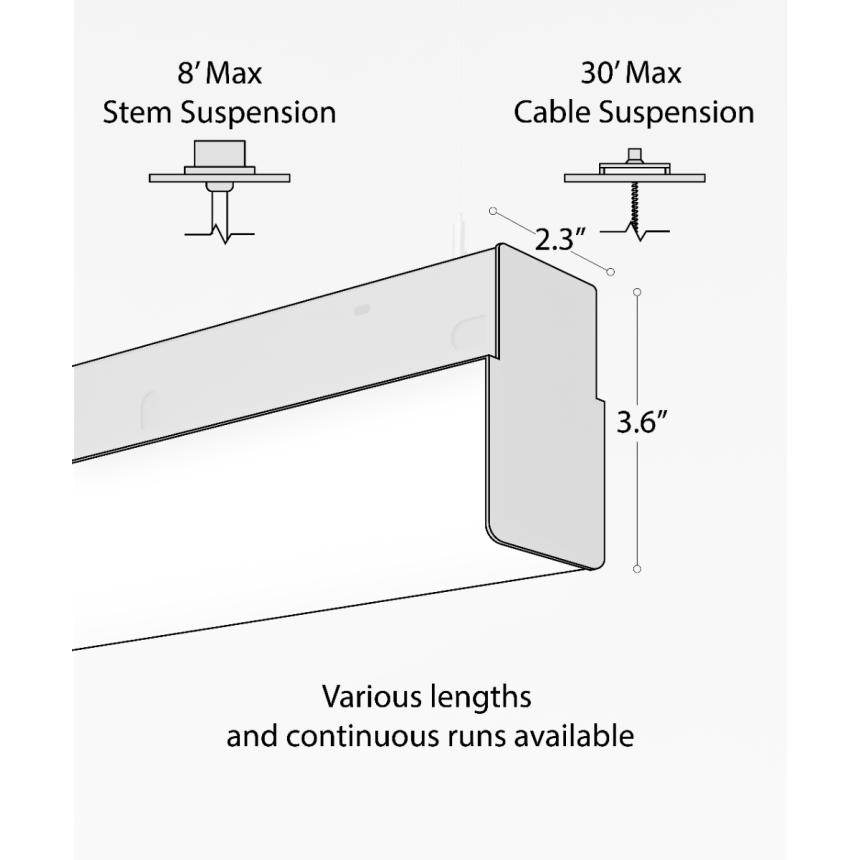 12171-P linear suspension light shown with a satin black finish, wrapped block lens and aircraft cable suspension