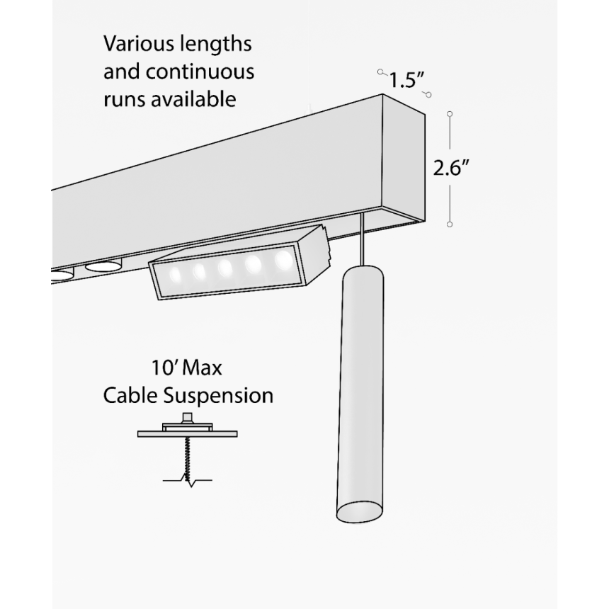 Closeup of 15100-P modular suspended light system with cylinder pendant, 5-cell multi-cell and dual-head downlight components