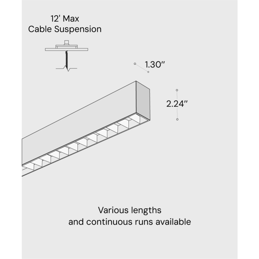 12100-12-P-L linear LED pendant light shown with black finish and 1-inch louver lens to reduce glare