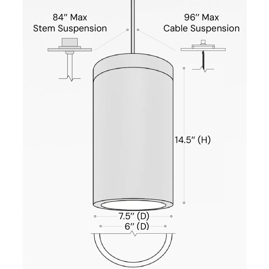  Alcon 12306-P, suspended commercial flush-lens cylindrical pendant light shown in black finish.