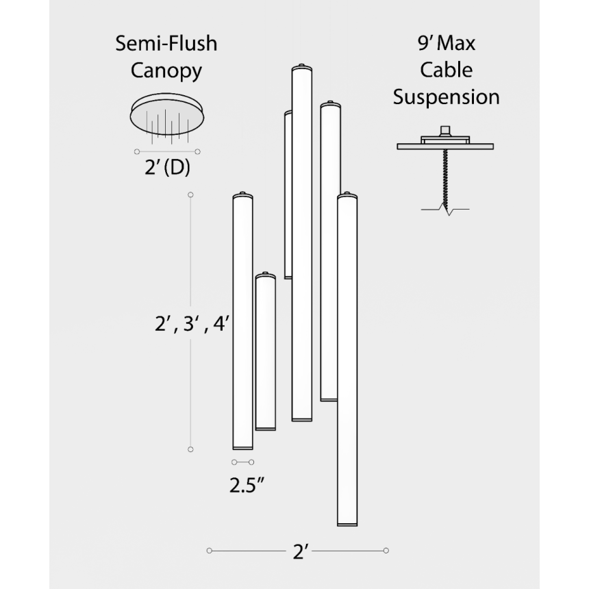 Alcon 12146-6R Suspended commercial vertical cylinder pendant shown with slim black end caps and 360 wrapping illuminated lens. Shown in a set of 6 at various lengths.