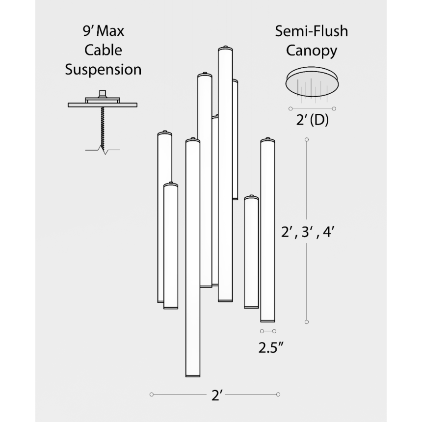 Alcon 12146-9R Suspended commercial vertical cylinder pendant shown with slim black end caps and 360 wrapping illuminated lens. Shown in a set of 9 at various lengths.