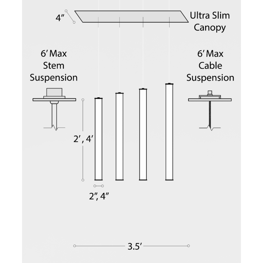 Alcon 12168-4 Linear pendant light shown with 4 cylindrical LED suspended tube lights