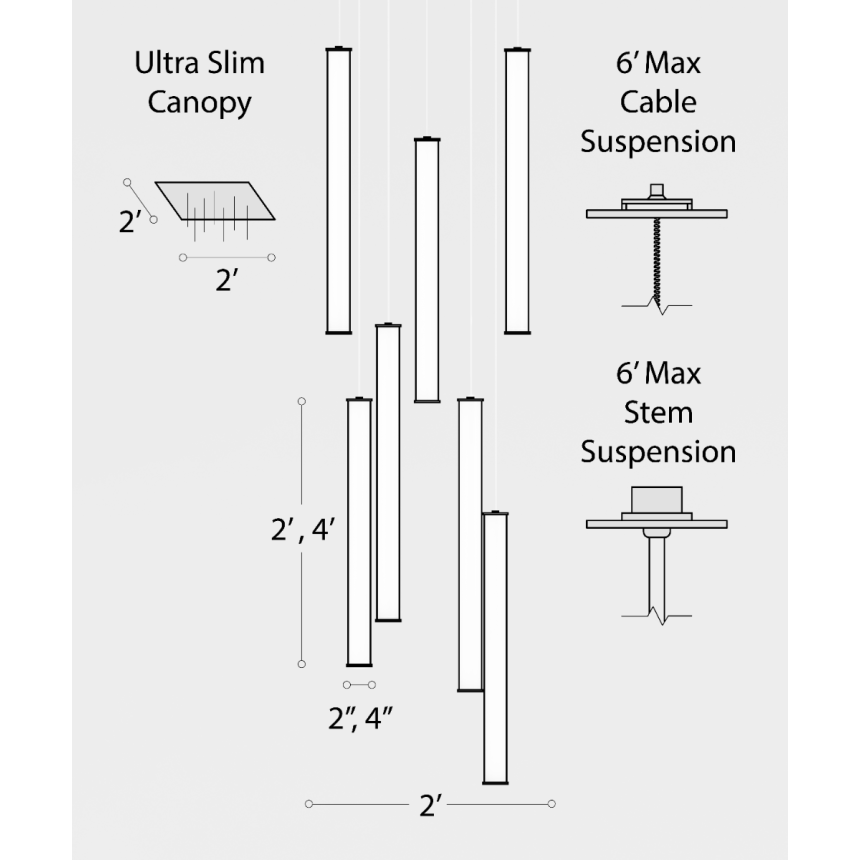 Alcon 12168-7 Linear pendant light shown with 7 cylindrical LED suspended tube lights.