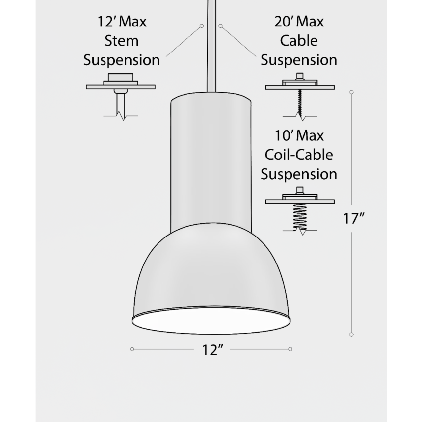 Alcon 15204-12-AL-P suspended commercial high bay pendant light shown in black finish.