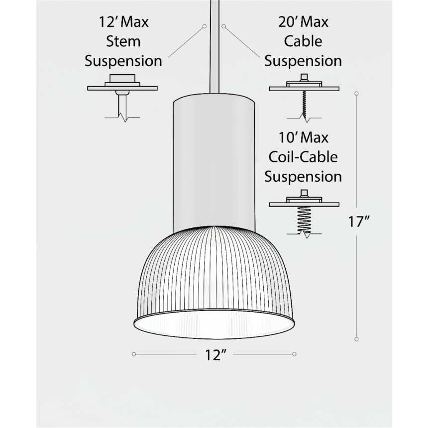 Product rendering of the 15204-12 dome pendant light, shown with a polycarbonate reflector and black stem housing