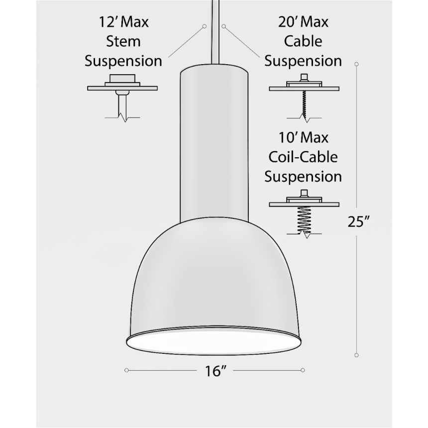 Product rendering of the 15204-16-AL dome pendant high and low bay pendant light shown with a black finish and stem mounting