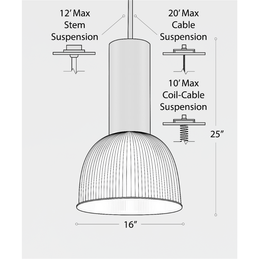 Product rendering of the 15204-16 dome pendant light, shown with a stem mounting and polycarbonate reflector