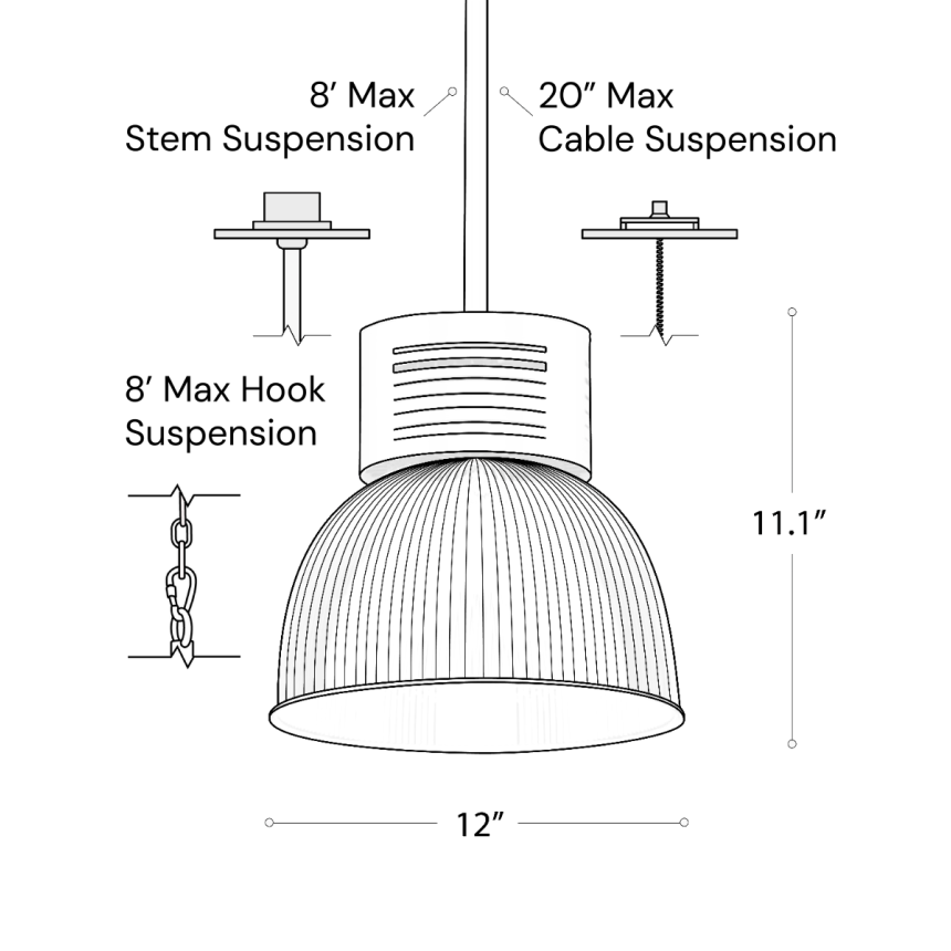 Line drawing showing the dimensions of the 15209-12 high bay and low bay LED light