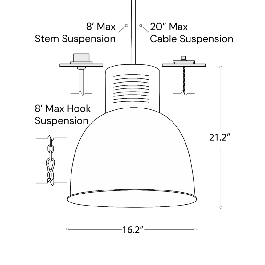 Line drawing showing the dimensions of the 15209-16 high bay and low bay LED light