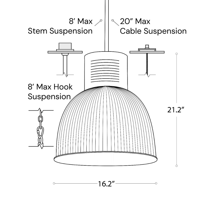 Line drawing showing the dimensions of the 15209-16 high bay and low bay LED light