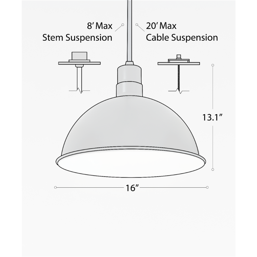 Alcon 15240-16, suspended commercial pendant light shown in black finish and with an open dome housing.