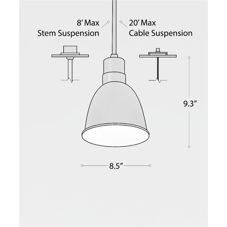 Alcon 15240-8, suspended commercial pendant light shown in black finish and with an open dome housing.