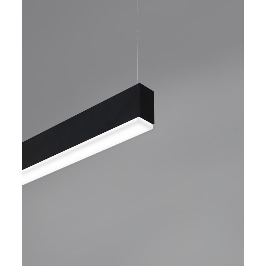 12100-12-P-G linear LED pendant light shown with black finish and 1-inch drop glown lens